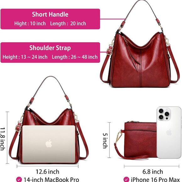 Large Faux Leather Hobo Tote Bag Women Shoulder Crossbody Purse Wallet Set - Picture 4 of 6